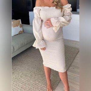 Ruffle Off Shoulder Long Sleeve Bodycon Maternity Midi Dress